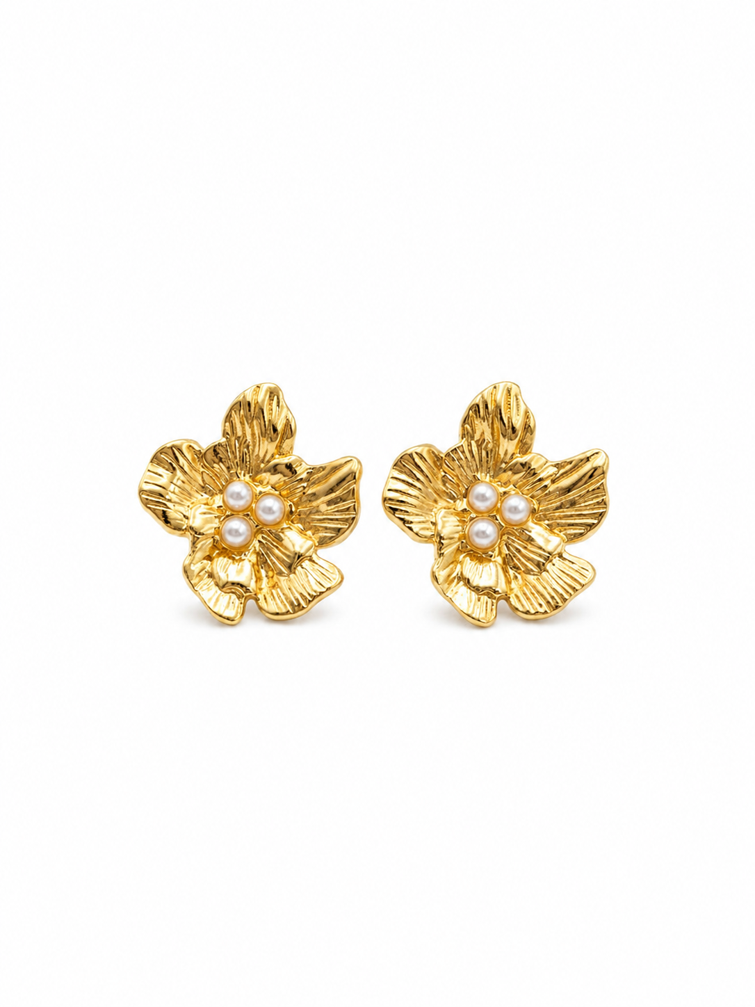 Golden Pearl Flower Stud Earrings