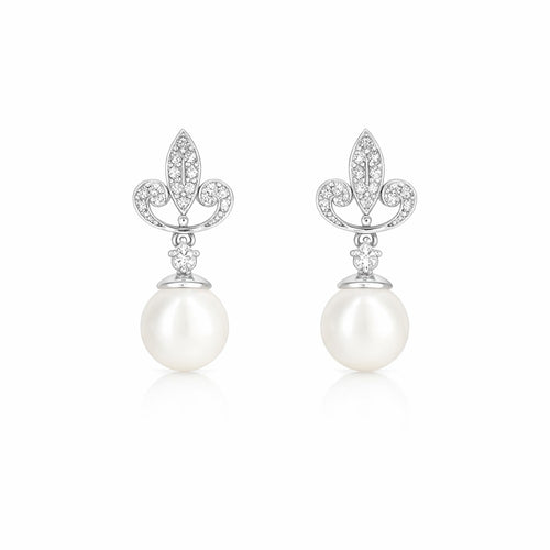 Silver Half Blossom Pearl Drop Earrings