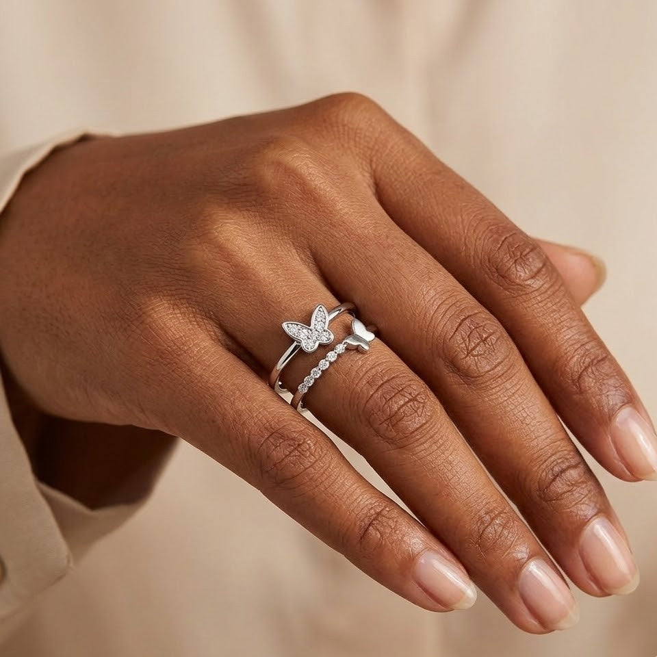 Silver Dual Butterfly Cascade Ring