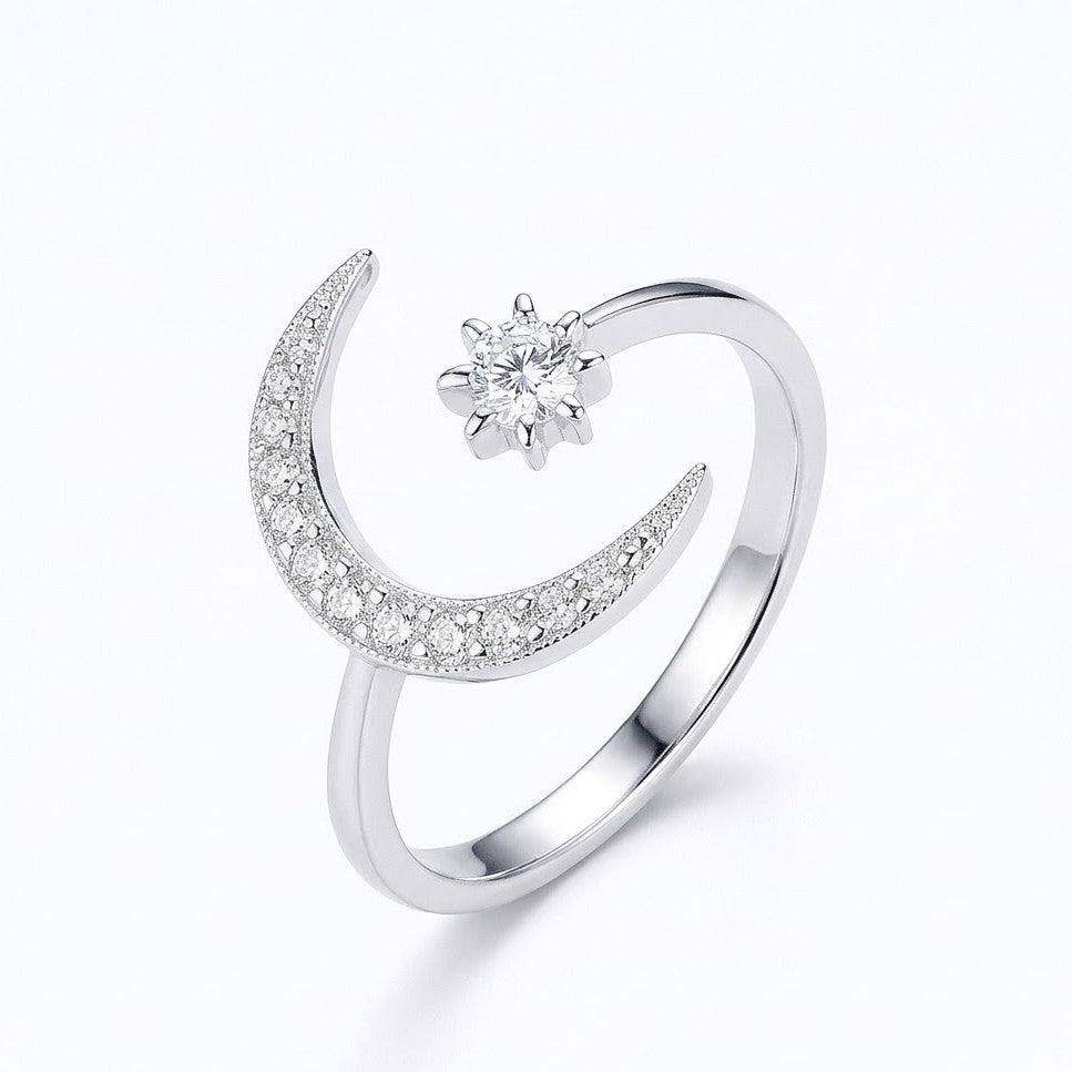 Starry Half Moon Silver Ring
