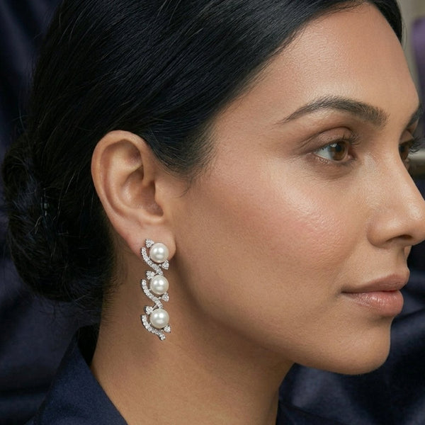 Brass Glistening Grove Pearl Trio – anti-tarnish silver earrings by Nesiy (view 2)