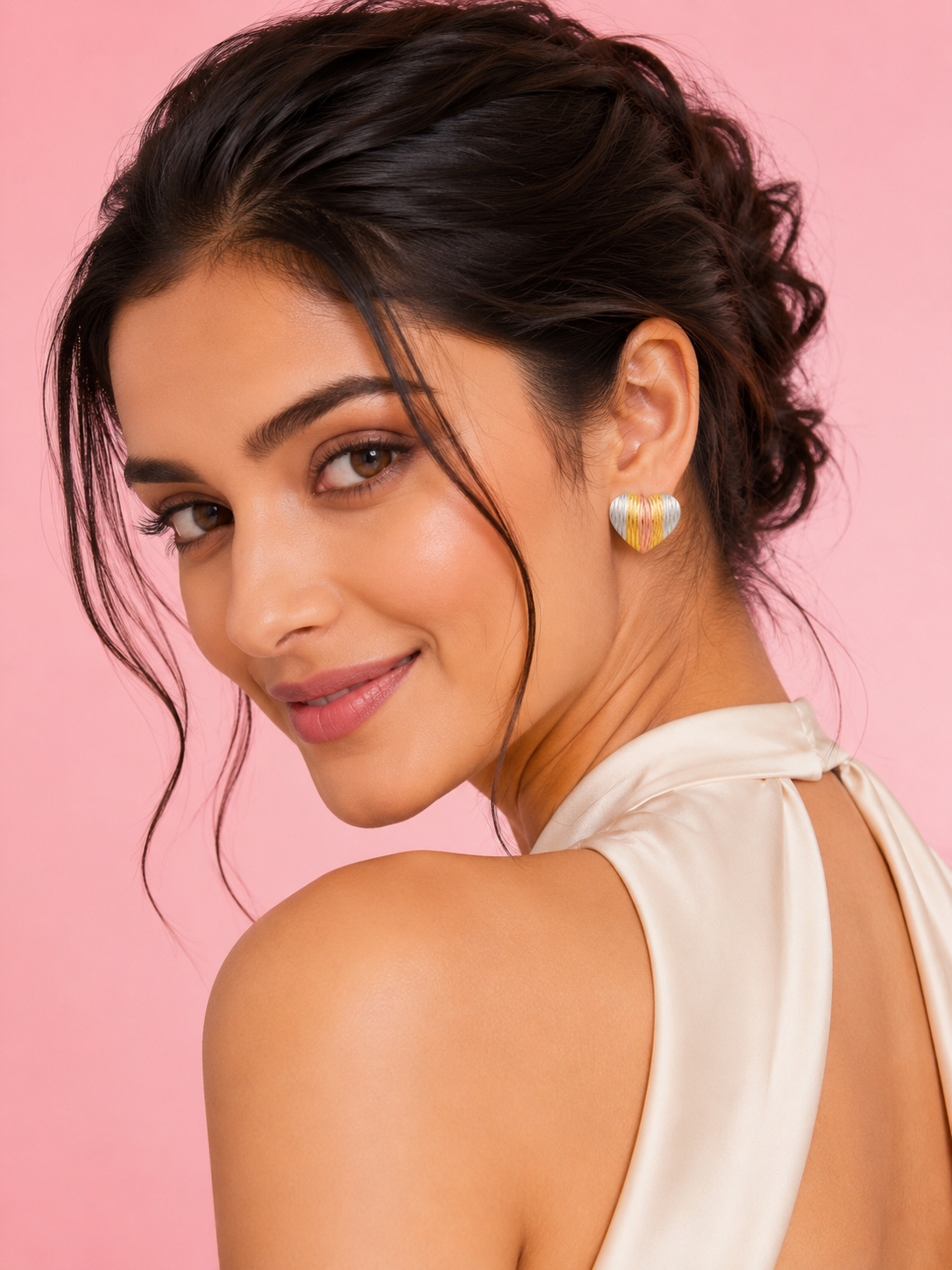 Tri-Tone Heart Stud Earrings | 18K Gold-Plated Jewellery