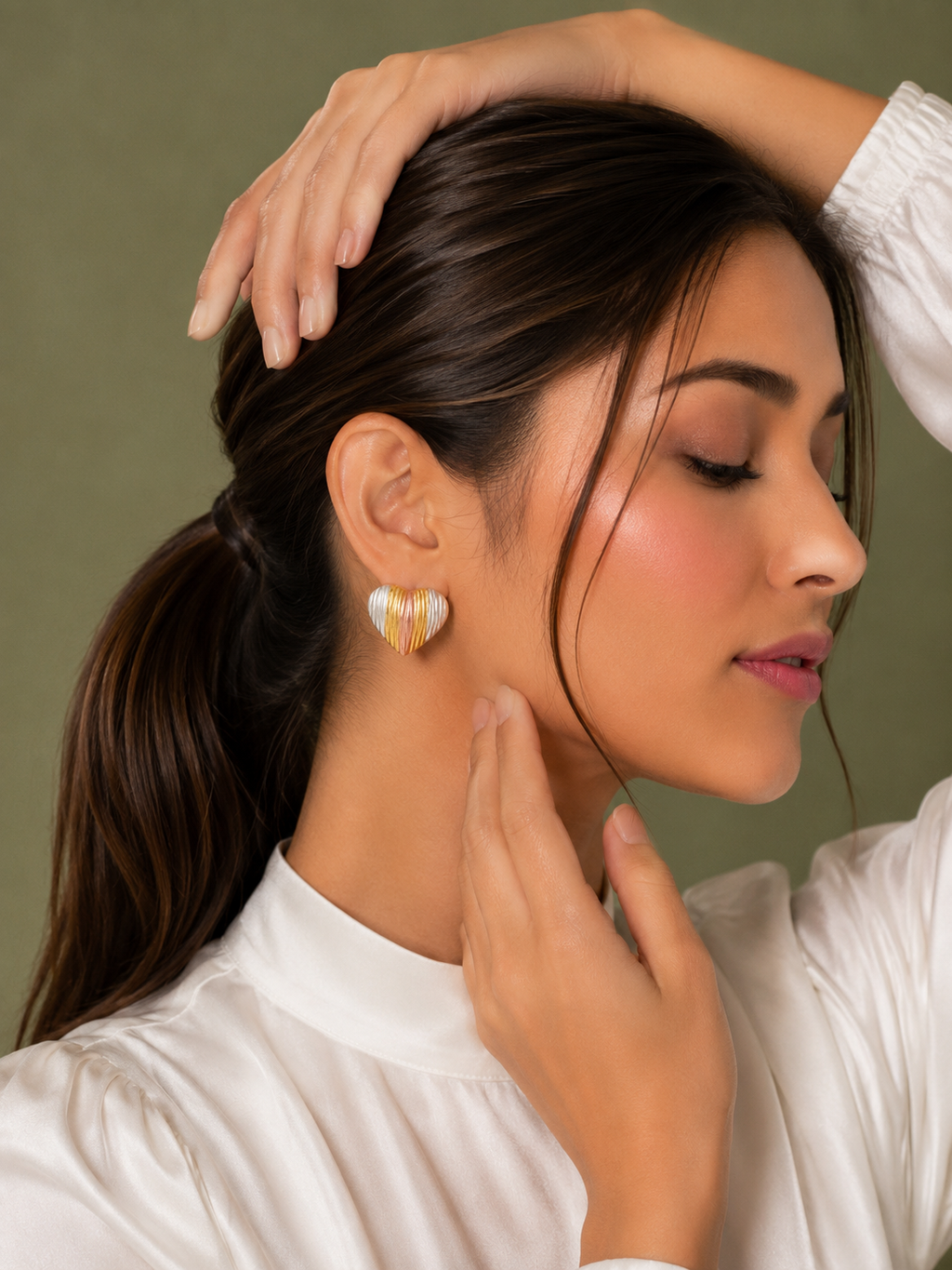 Tri-Tone Heart Stud Earrings | 18K Gold-Plated Jewellery