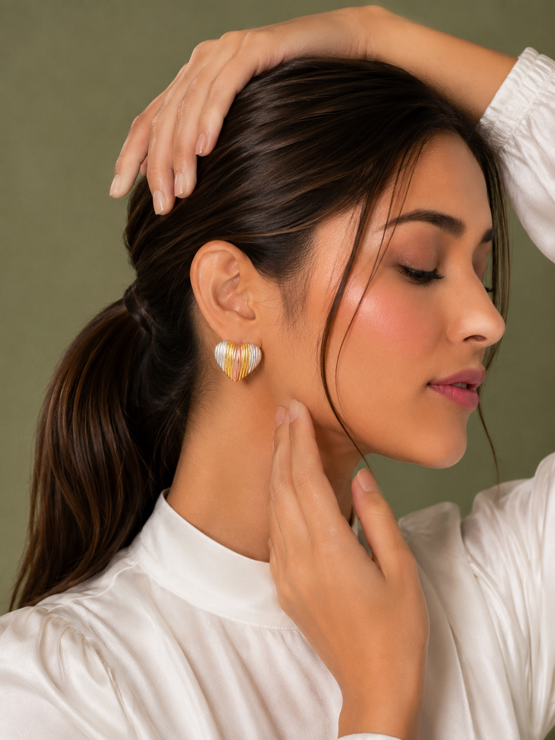 Tri-Tone Heart Stud Earrings | 18K Gold-Plated Jewellery