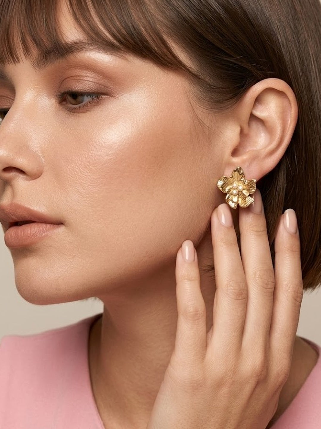 Golden Pearl Flower Stud Earrings