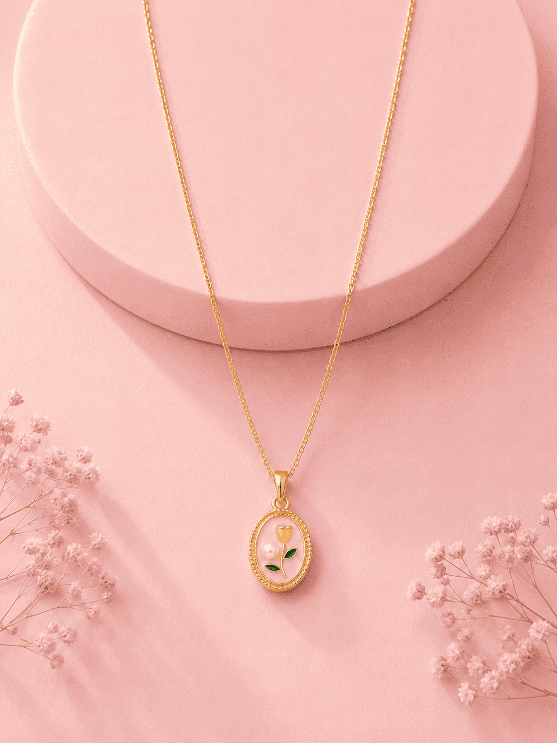 Pink Floral Oval Pendant Necklace | Anti-Tarnish Gold-Plated Jewellery