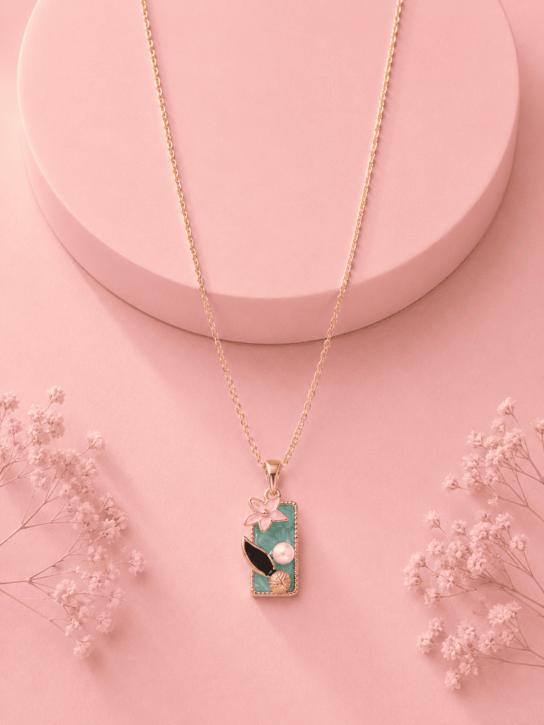 Green Enamel Flower Pendant Necklace | Anti-Tarnish Demi-Fine Jewellery