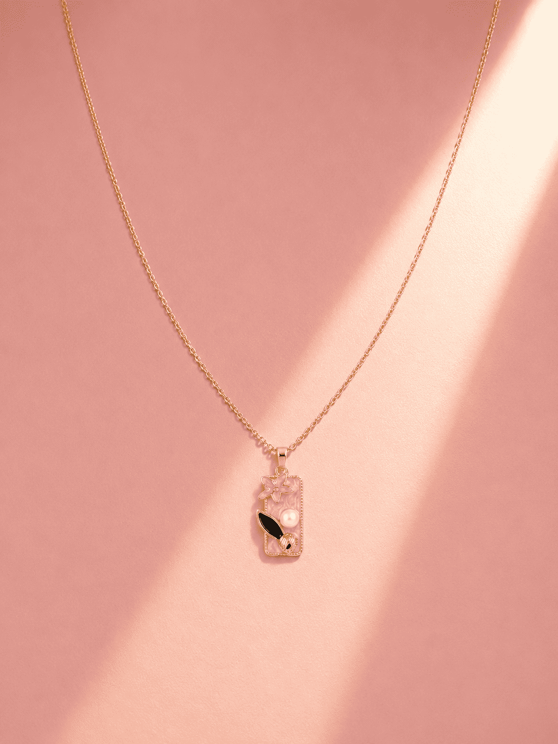 Gold-Plated Enamelled Pink Floral Themed Necklace