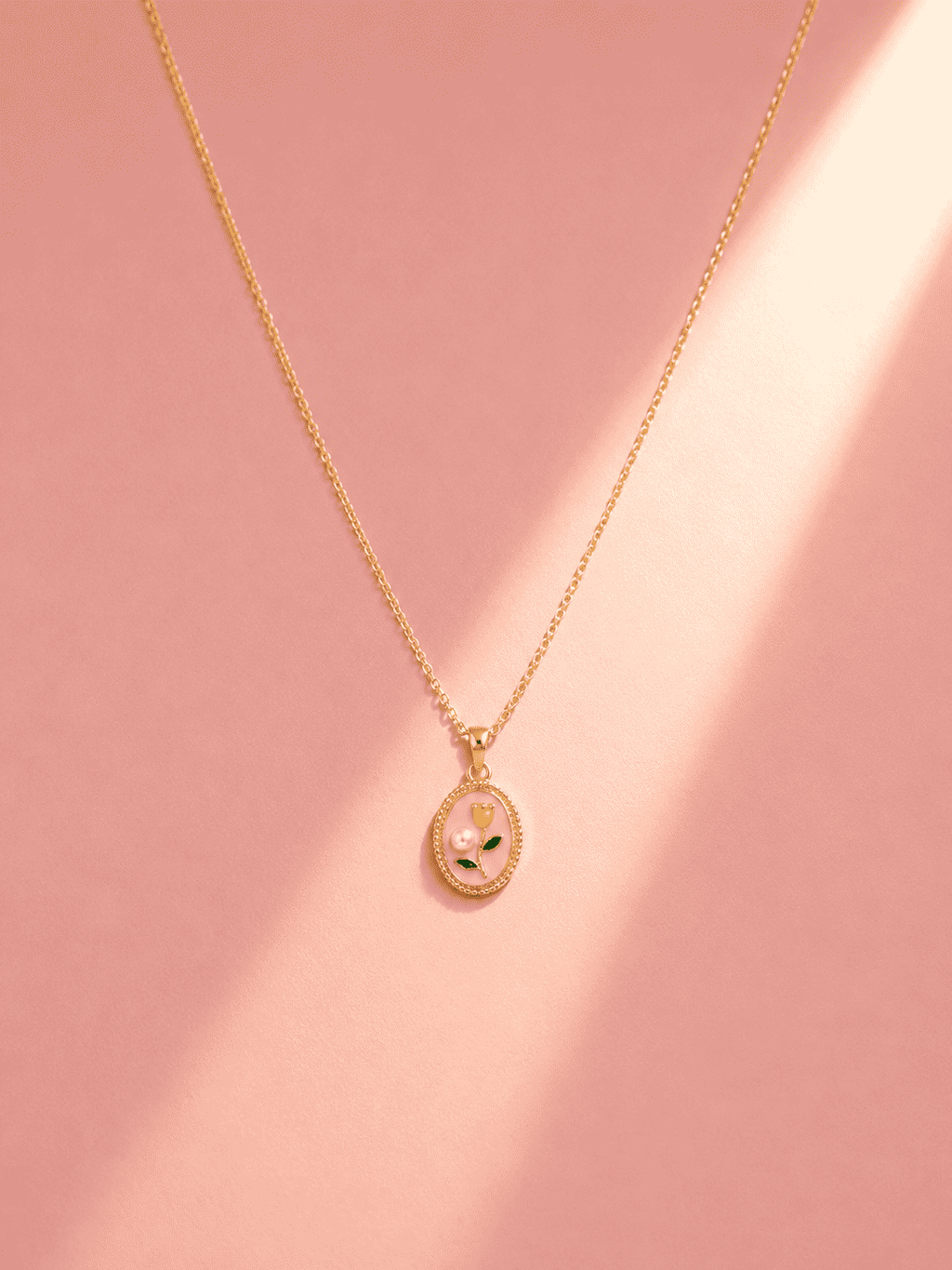 Pink Floral Oval Pendant Necklace | Anti-Tarnish Gold-Plated Jewellery