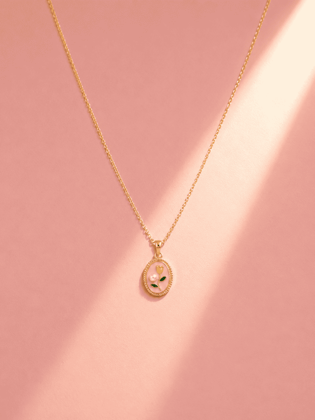Pink Floral Oval Pendant Necklace | Anti-Tarnish Gold-Plated Jewellery