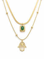 Golden emerald hamsa layered necklace