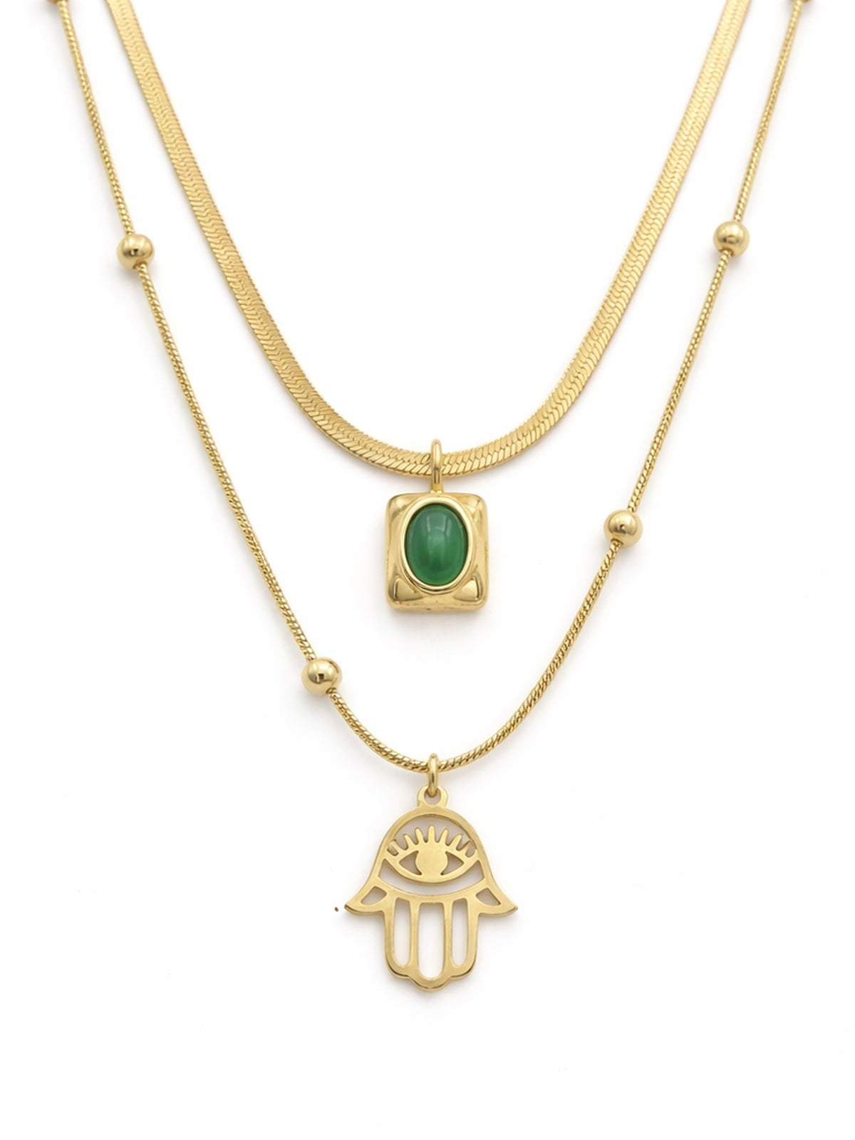 Golden emerald hamsa layered necklace