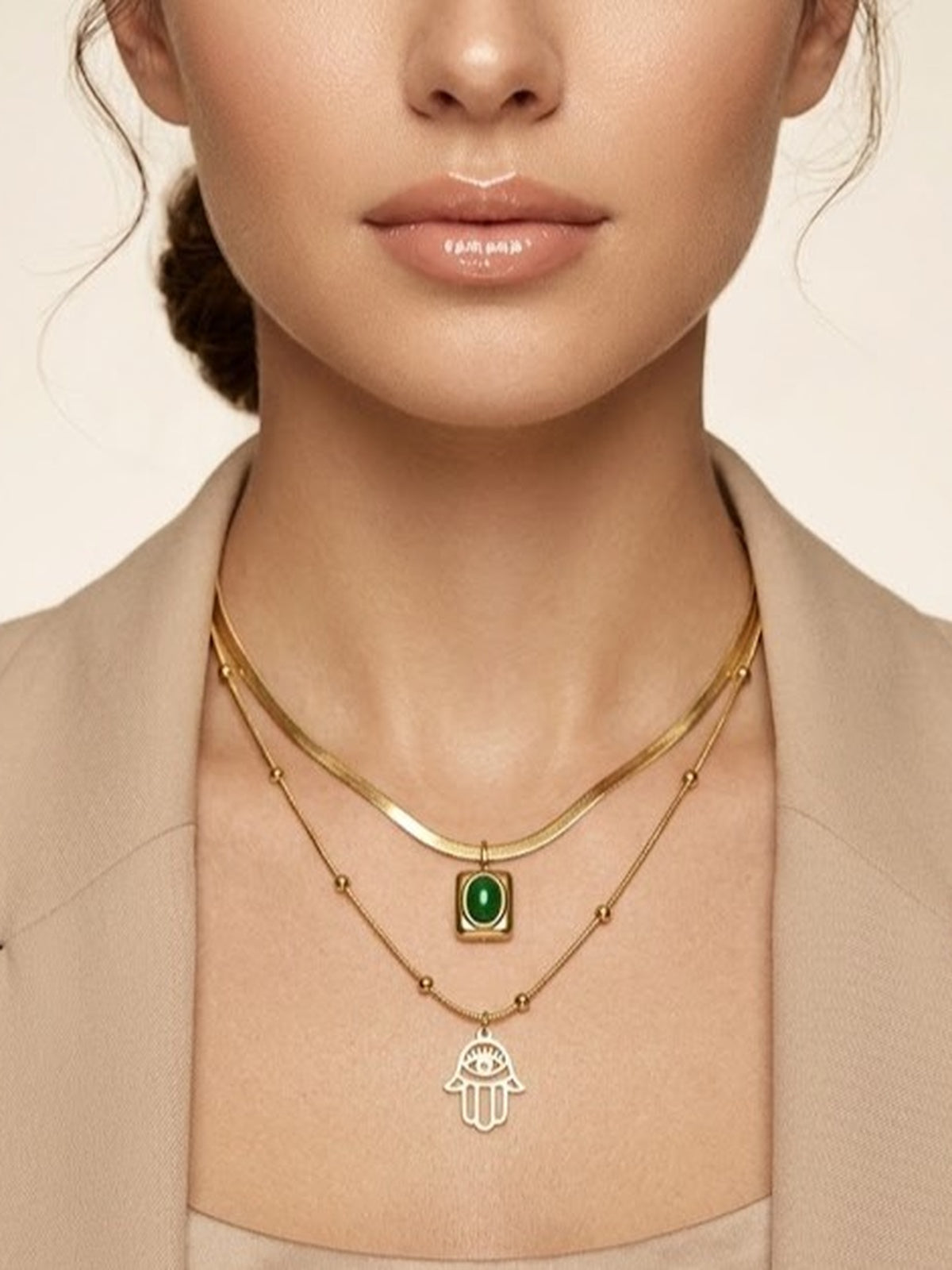 Golden emerald hamsa layered necklace