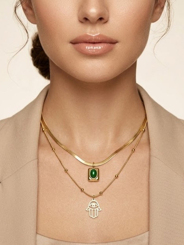 Golden Emerald Hamsa Layered Necklace – anti-tarnish gold necklace by Nesiy (view 2)