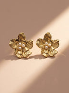 Golden Pearl Flower Stud Earrings
