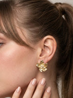 Golden Pearl Flower Stud Earrings