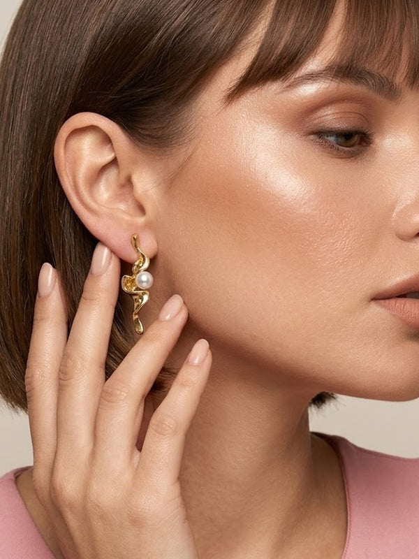 Twisted Gold Pearl Statement Earrings – anti-tarnish gold earrings by Nesiy (view 2)