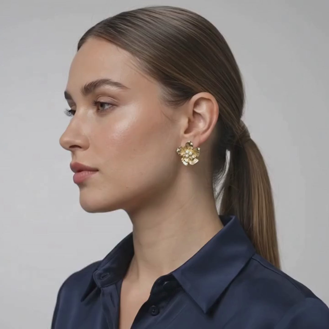 Golden Pearl Flower Stud Earrings